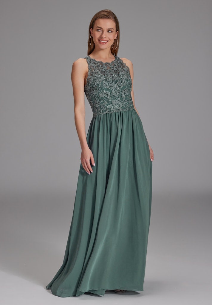 High-closed-Abendkleid mit floraler Spitze