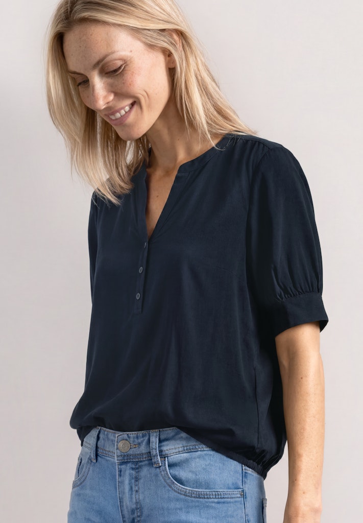 Kurzarm Bluse mit Split Neck und Elastiksaum