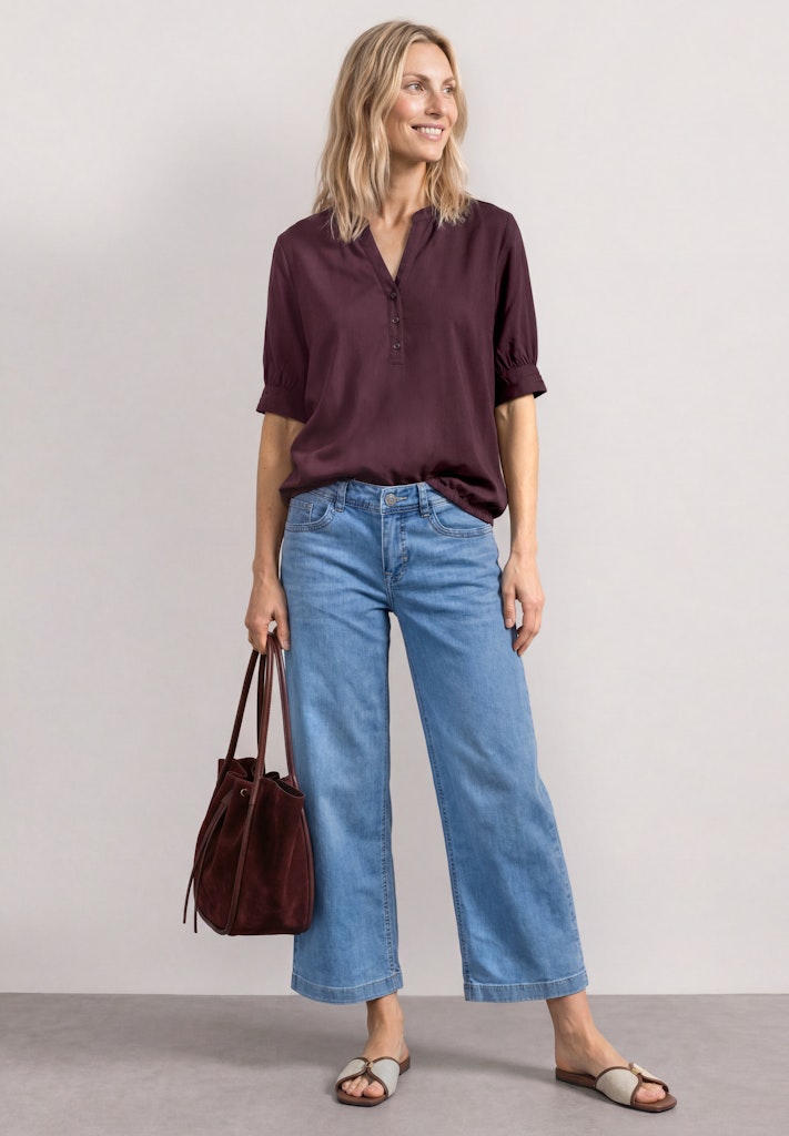 Kurzarm Bluse mit Split Neck und Elastiksaum