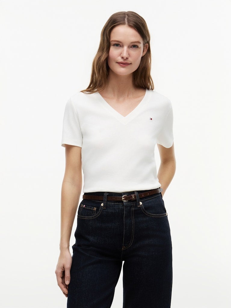 Flag Embroidery V-Neck Slim T-Shirt