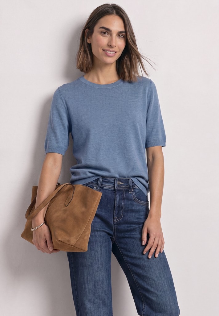 Kurzarm Pullover mit Rundhals in Unifarbe