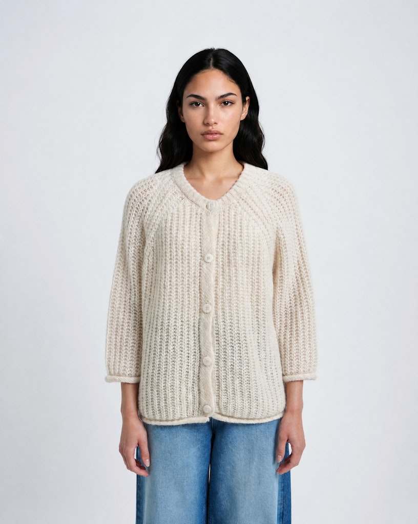 Hairy Round Neck 3/4 Slv Cardigan
