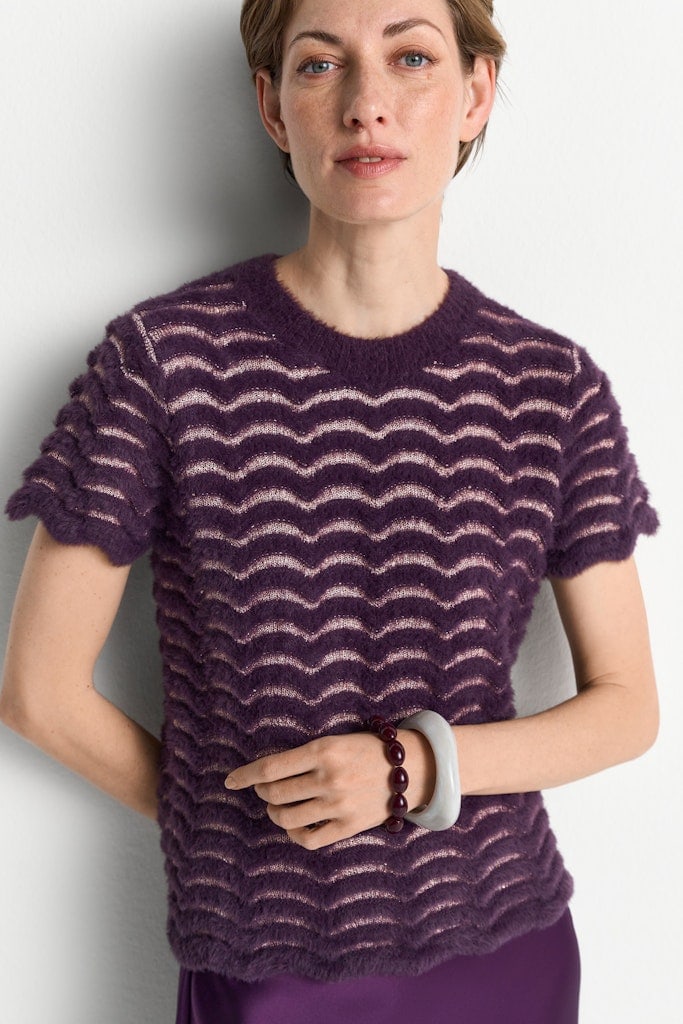 Short Sleeve Crew neck zig zag Yarn Mix