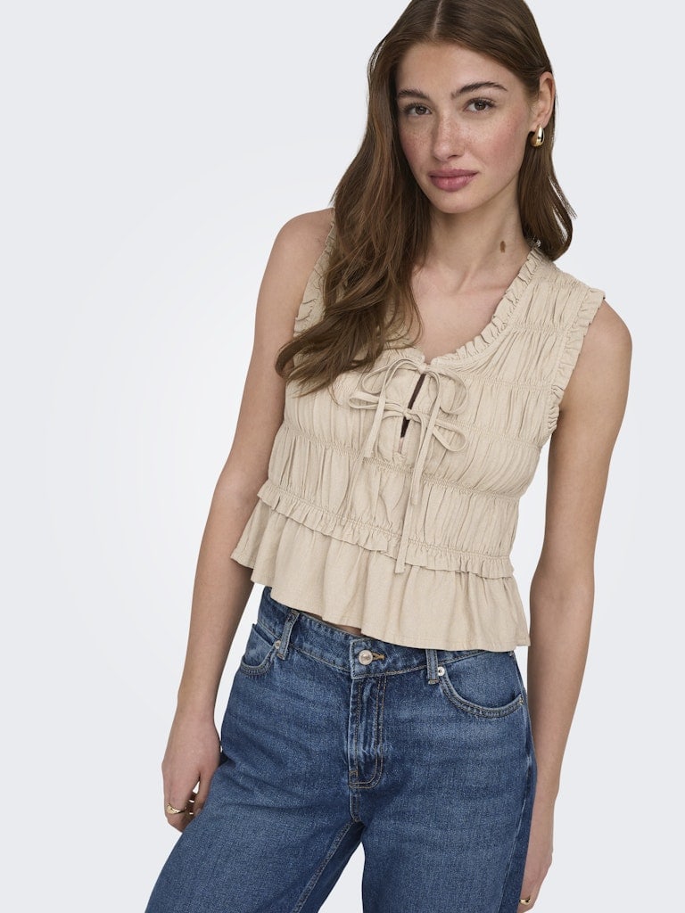 ONLGOA S/S LINEN BL FRILL TOP CC PNT