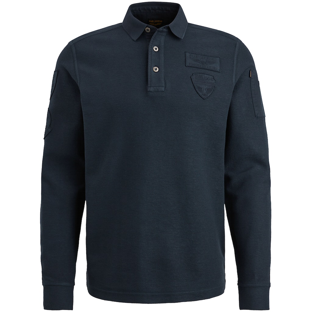 Long sleeve polo structured pique garment dyed