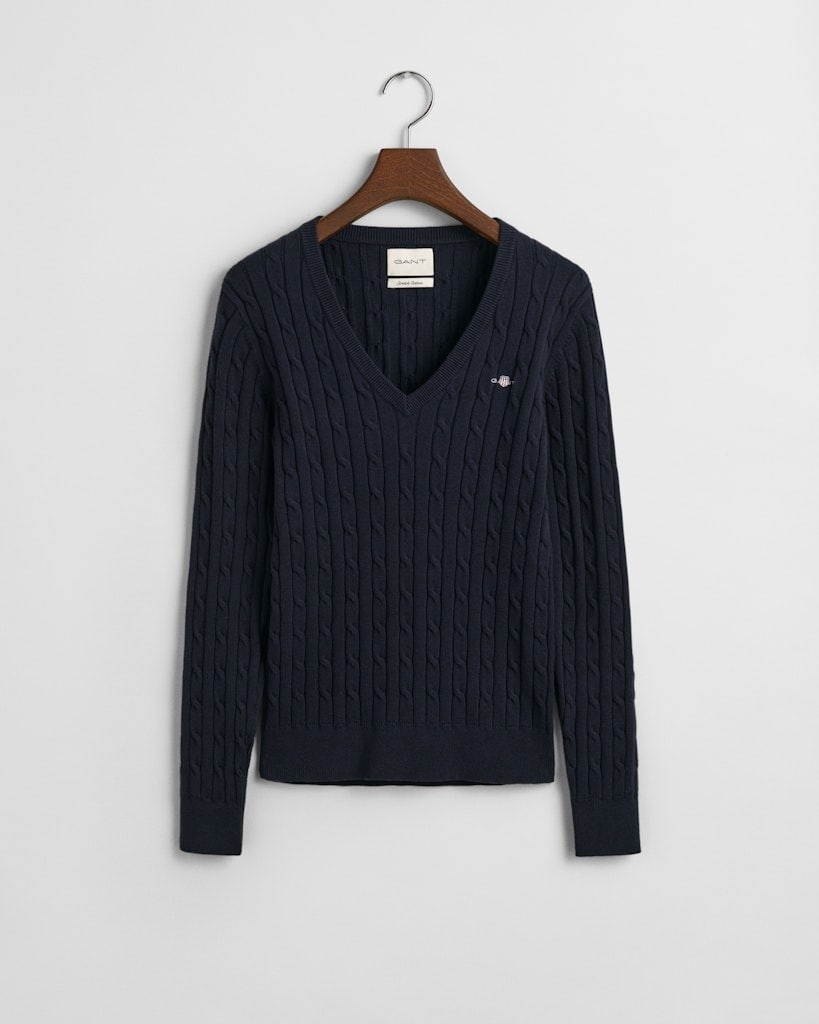Zopfstrick V-Neck Pullover aus Stretch-Baumwolle