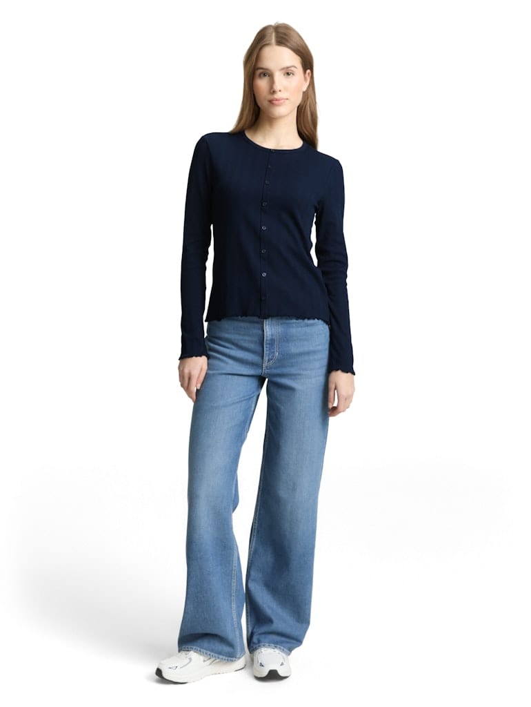 Pointelle Langarmshirt mit Deko-Knopfleiste