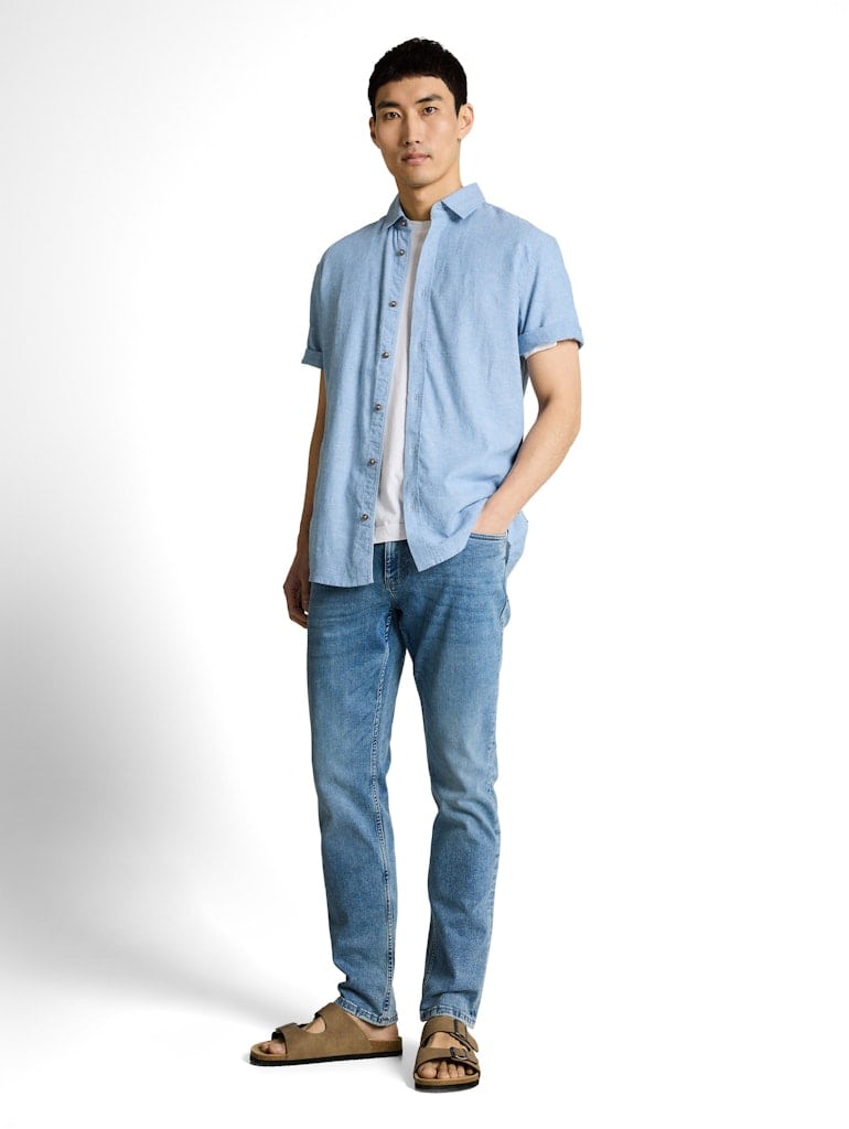 Regular Fit Kurzarmhemd mit Leinenanteil