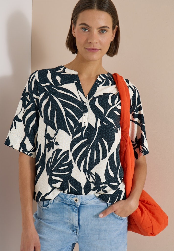 Kurzarm Bluse mit Split Neck