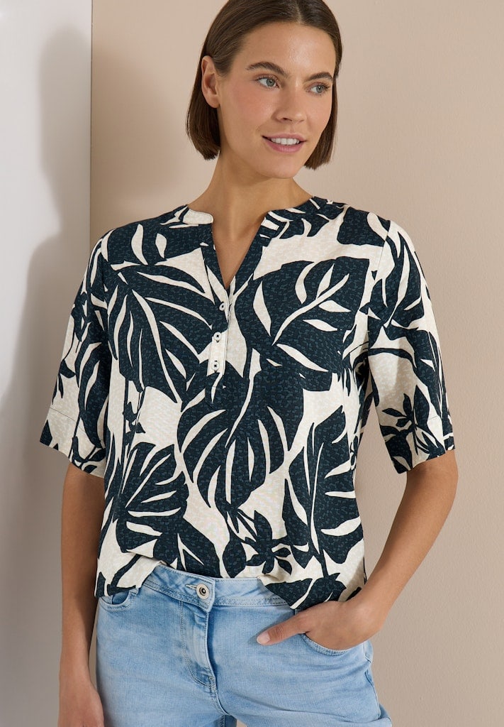 Kurzarm Bluse mit Split Neck