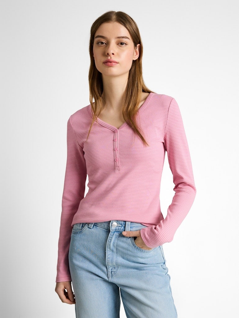 Slim Fit Henley Langarmshirt mit Streifenmuster