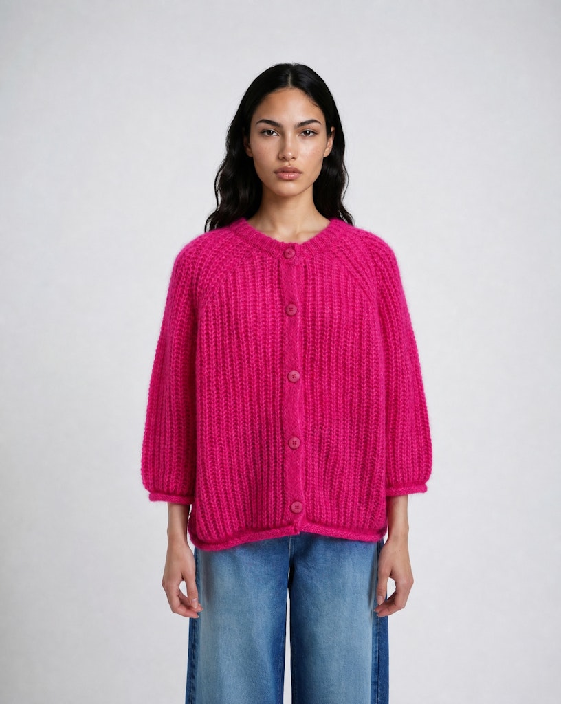 Hairy Round Neck 3/4 Slv Cardigan