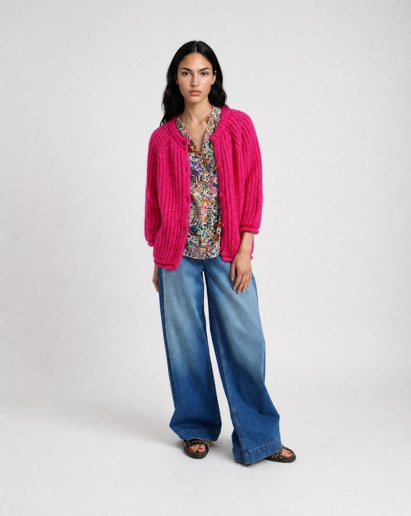 Hairy Round Neck 3/4 Slv Cardigan