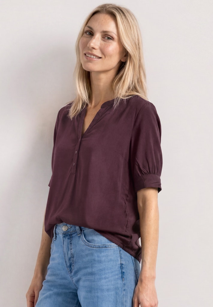 Kurzarm Bluse mit Split Neck und Elastiksaum