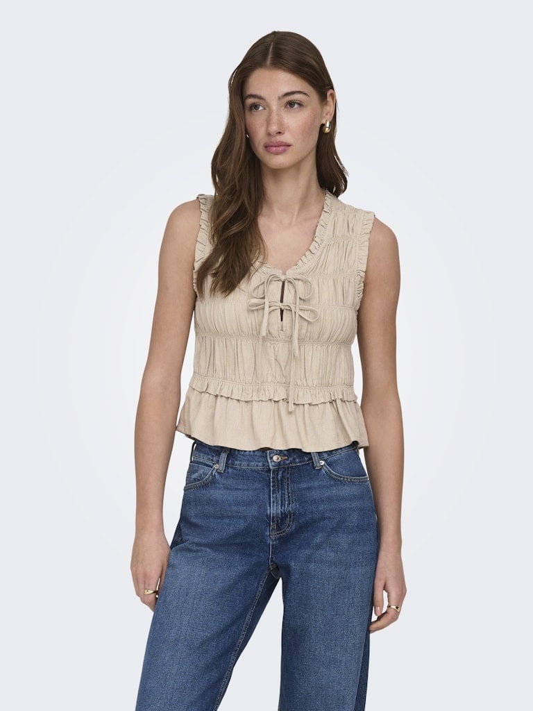 ONLGOA S/S LINEN BL FRILL TOP CC PNT