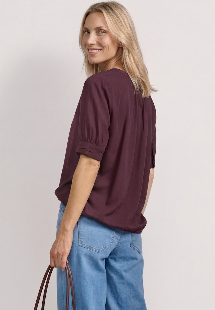 Kurzarm Bluse mit Split Neck und Elastiksaum
