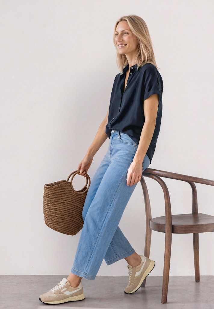 Kurzarm Bluse mit Split Neck und Elastiksaum