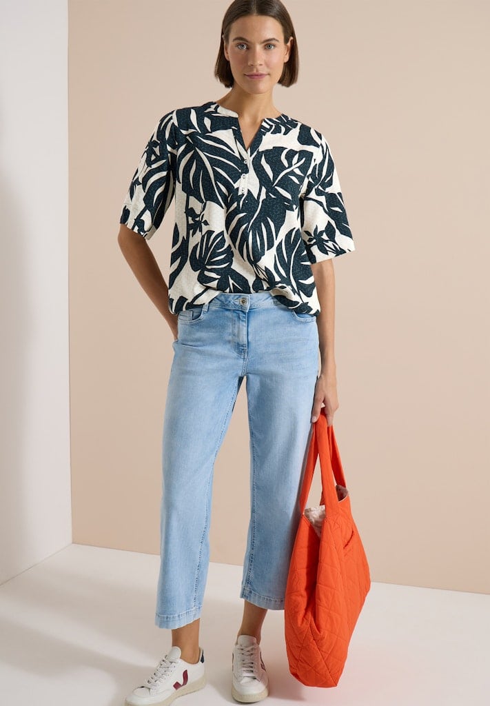 Kurzarm Bluse mit Split Neck